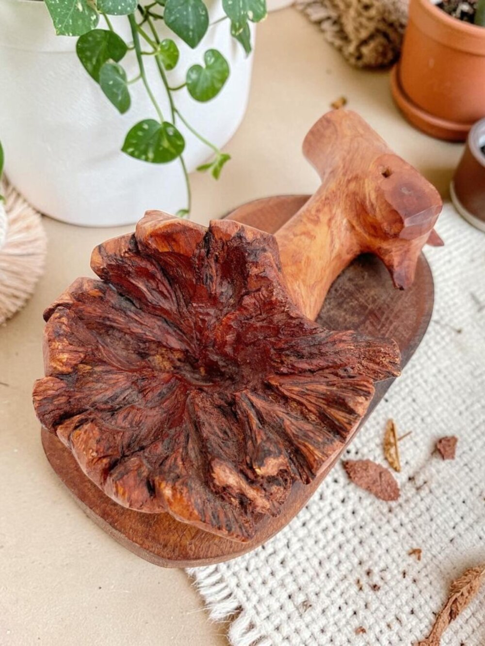 Carved Burlwood Incense Holder – Rustic Wood Art Decor